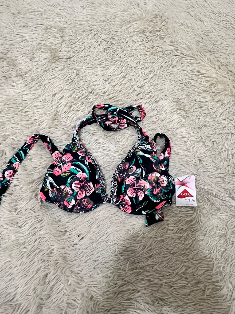 VENUS Black Halter Bikini Top with Pink Floral Print